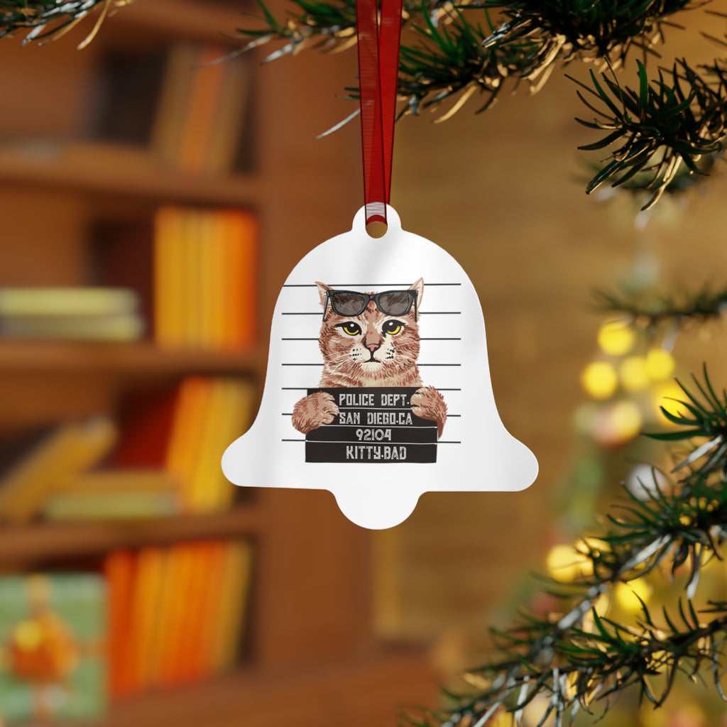 Mugshot Cat Metal Ornament — Funny 'Kitty Bad' Holiday Decoration