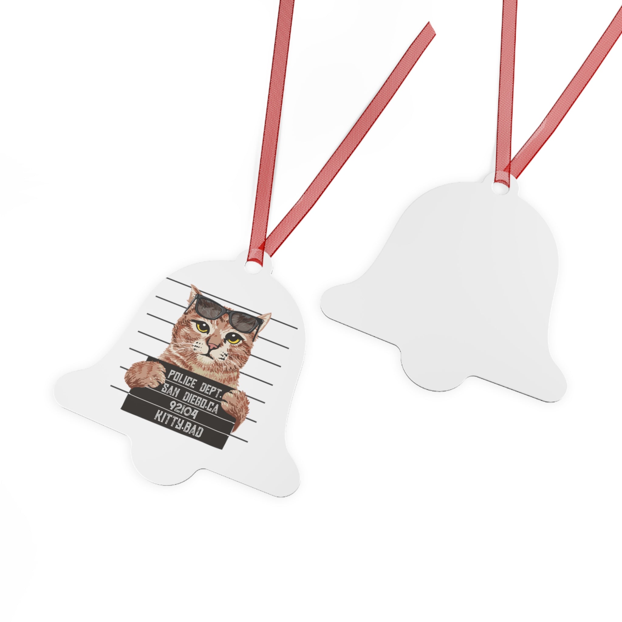 Mugshot Cat Metal Ornament — Funny 'Kitty Bad' Holiday Decoration