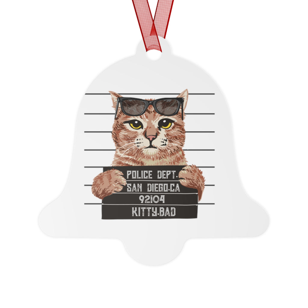 Mugshot Cat Metal Ornament — Funny 'Kitty Bad' Holiday Decoration