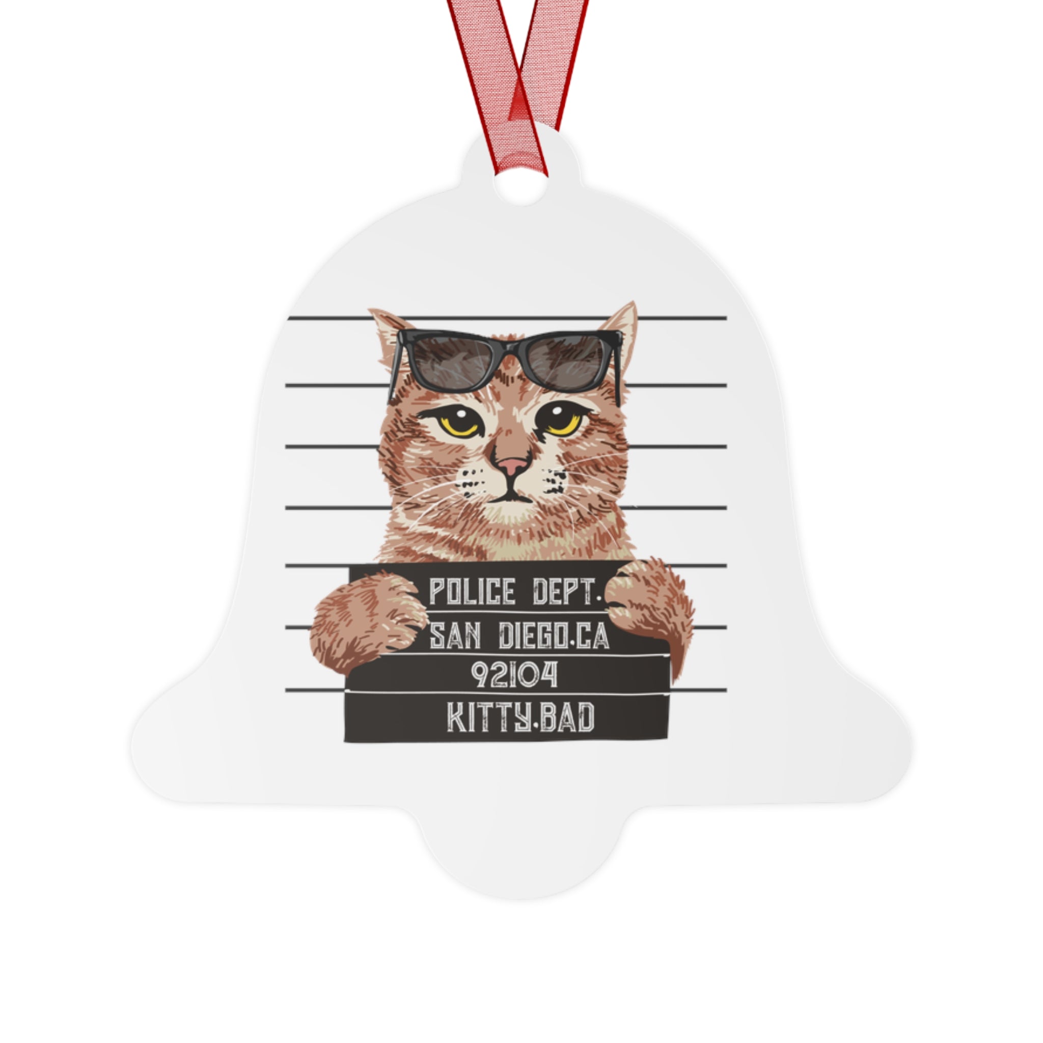Mugshot Cat Metal Ornament — Funny 'Kitty Bad' Holiday Decoration