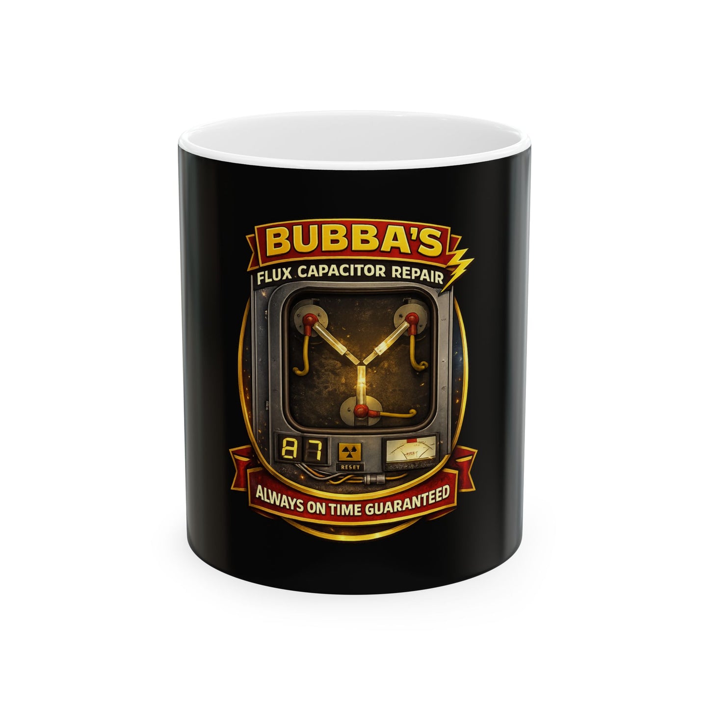 Bubba's Flux Capacitor Repair Coffee Mug — 'Always On Time Guaranteed'